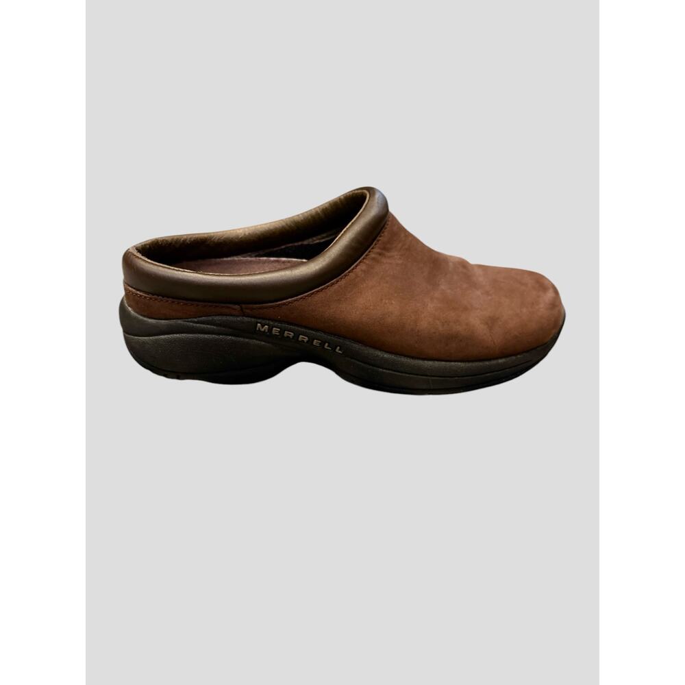 Merrell women’s size 7 brown leather slip on clog shoes